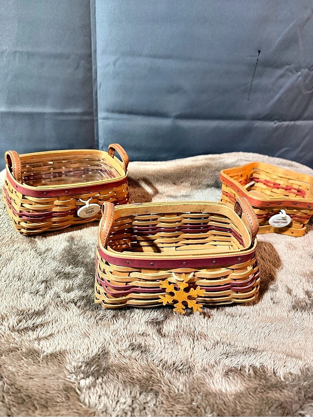 Longaberger 2002 Tree Trimming Treats Basket Brown & red set of 3. Two treat bas